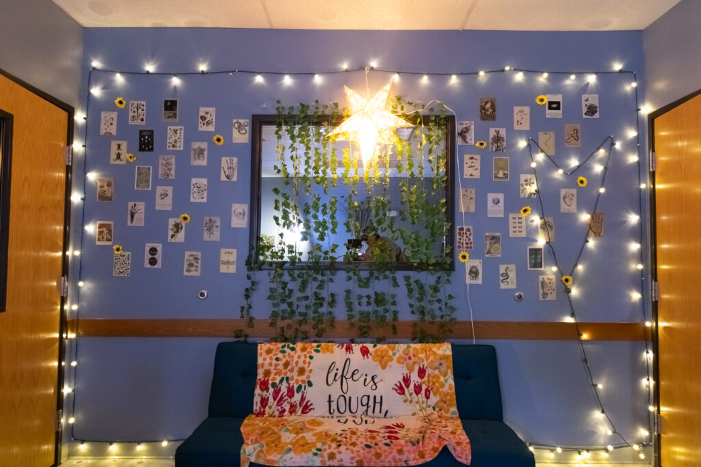 A lounge area in one of our treatment rooms at our Vancouver WA electrolysis location. There are photographs and string lights on the wall surrounding a couch.