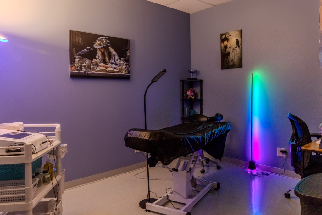 A treatment room at our Vancouver WA electrolysis office. There is a rainbow light and multiple gothic paintings on the blue walls.