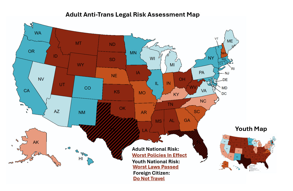 Map showing anti-Trans States - as reported by Erin Reed in Erin In The Morning - the dark red states are least likely to offer insurance coverage for electrolysis hair removal for trans folks.